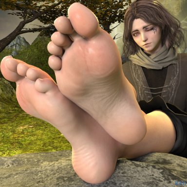 elden ring, fromsoftware, melina (elden ring), raijin44, bare soles, barefoot, brown hair, feet, female only, foot fetish, foot focus, one eye closed