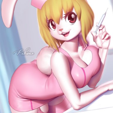one piece, carrot (one piece), pakwan008, 1girls, 5 fingers, anthro, arm support, bent forward, bent over, bent over table, big breasts, black pupils, blonde hair, breast squish, breasts