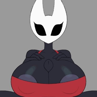 beat banger, hollow knight, hornet (hollow knight), foxyboi, areolae, black body, black eyes, bra, breasts, female, grey background, insects, large breasts, masked, paizuri
