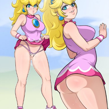 mario (series), mario tennis, nintendo, princess peach, aldharoku, 1girls, ass, big ass, big breasts, blonde hair, blue eyes, blush, breasts, eye contact, female