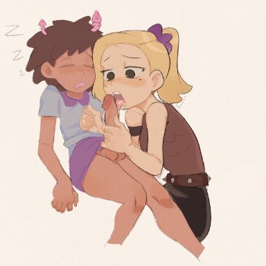 amphibia, disney, anne boonchuy, sasha waybright, mengshuo, 1futa, 1girls, balls, blonde hair, clothed, clothed sex, clothing, dark-skinned futanari, dark skin, erection