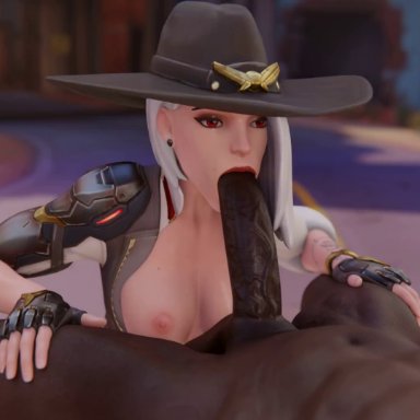 blizzard entertainment, overwatch, ashe (overwatch), pollarmatt, 1boy, 1boy1girl, angry dragon, armor, black penis, boobs, breasts, clothing, dark-skinned male, fellatio, front view