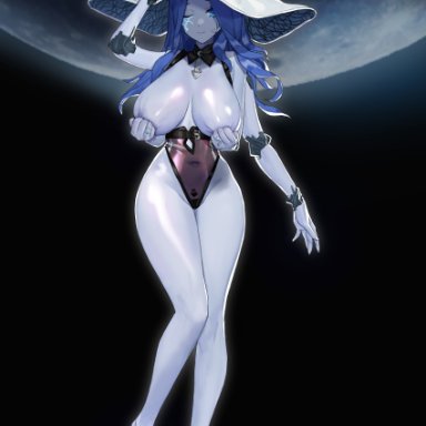 elden ring, ranni the witch, bare legs, barefoot, blue eyes, blue hair, blue skin, breasts, colored skin, covered navel, covering, covering nipples, eggisalive, extra arms, female