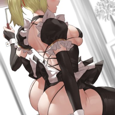 fate/apocrypha, fate/grand order, fate (series), mordred (fate), uo denim, 1girls, akirt, alternate breast size, ass, back, back view, backboob, breasts, bubble butt, female