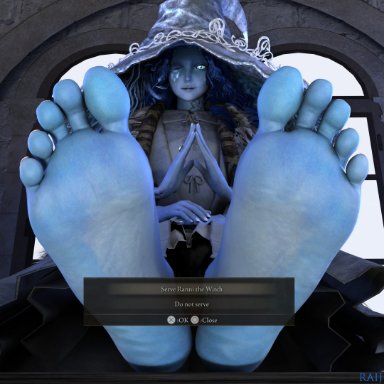 elden ring, fromsoftware, ranni the witch, raijin44, barefoot, blue hair, blue skin, feet, female only, foot fetish, foot focus, one eye closed, soles, witch hat