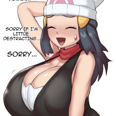 game freak, nintendo, pokemon, pokemon dppt, dawn (pokemon), gray impact, 1girls, big breasts, blue hair, blush, breasts, closed eyes, female, female focus, female only