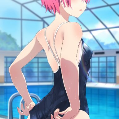 ram (re:zero), camui1104, 1girls, adjusting clothes, adjusting swimsuit, ass, back, blush, breasts, cloud, day, from behind, hair ornament, hair over one eye, hairclip