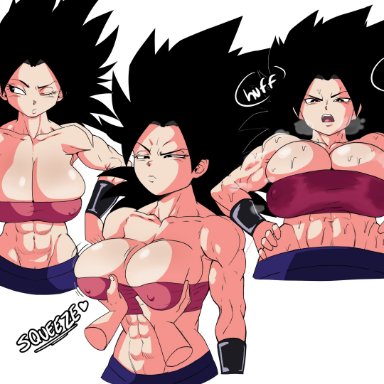 dragon ball, dragon ball super, shounen jump, caulifla, pseudocel, 1girls, abs, big breasts, black eyes, black hair, breast grab, breast squeeze, clothing, groping, half-closed eyes