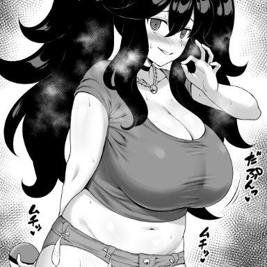 pokemon, hex maniac, yue (show-ei), alternate hairstyle, belly, black hair, blush, breasts, choker, cleavage, condom, cowboy shot, cum, fellatio gesture, female