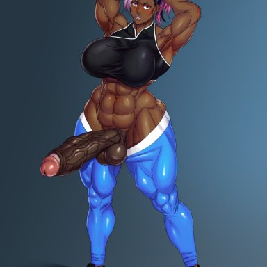 saxwakuy, 1futa, abs, balls, big balls, big breasts, big penis, breasts, clothed, clothing, dark-skinned futanari, dark skin, erection, futa only, futanari