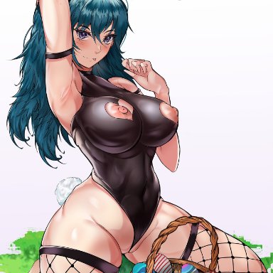 easter, fire emblem, fire emblem: three houses, nintendo, byleth (fire emblem), byleth (fire emblem) (female), t3x, 1girls, alternate costume, areolae, armpits, bare thighs, basket, blue eyes, breasts