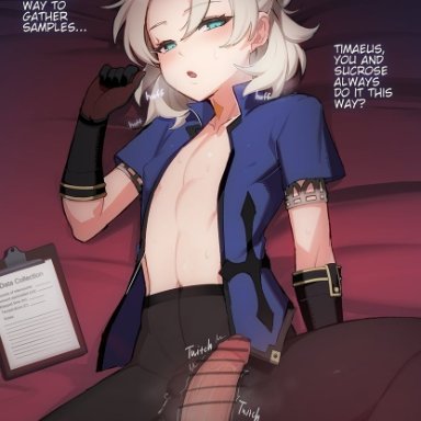 genshin impact, albedo (genshin impact), timaeus (genshin impact), instanttnoodle, 2boys, androgynous, aqua eyes, bangs, bed sheet, black gloves, blue shirt, breath, bulge, clipboard, collarbone