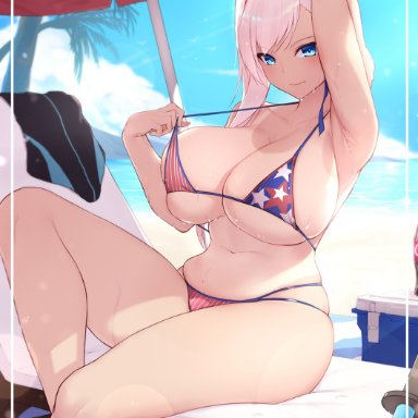 fate/grand order, fate (series), miyamoto musashi (fate), armpits, big ass, big breasts, bikini, blue eyes, looking at viewer, smile, sweat, thick thighs, undersized clothes, white hair