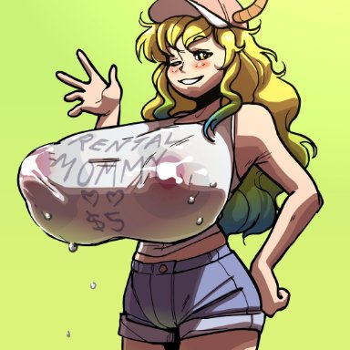 lucoa, tail-blazer, big breasts, huge breasts, hyper breasts, lactation, lactation through clothes, macromastia, massive breasts, shorts, tight clothing, waving at viewer, waving hand