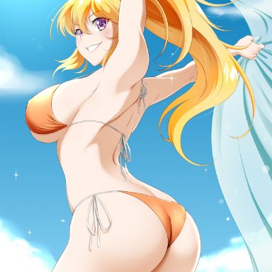 rwby, yang xiao long, kimmy77, 1girls, arms up, ass, ass cleavage, beach, big ass, big breasts, bikini, blonde hair, breasts, butt crack, detailed background