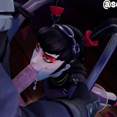 fortnite, tsuki (fortnite), armor, black hair, blowjob, deepthroat, face fucking, fellatio, forced oral, large penis, looking annoyed, looking up, moaning, oral, oral penetration