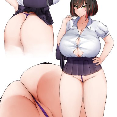 original, original character, mivioppai, 1female, 1girl, accidental exposure, angry, angry face, annoyed, ass, ass cheeks, black hair, breasts, bursting breasts, cleft of venus