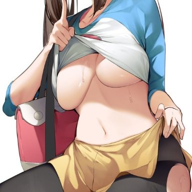 nintendo, pokemon, pokemon bw2, rosa (pokemon), yuuyuu (yuuki1771), 1girls, belly button, blue eyes, breasts, brown hair, female, female only, hat, hips, huge breasts