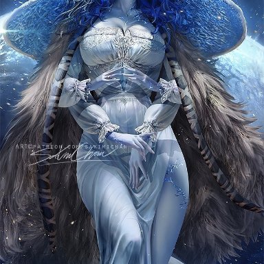 elden ring, ranni the witch, sakimichan, 4 arms, big breasts, blue hair, clothed, clothing, coat, grey skin, tattoo, tattooed legs, thick thighs, vines, witch hat