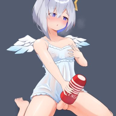 hololive, tenga, amane kanata, artist request, 1futa, angel, angel wings, artificial vagina, blue eyes, bottomless, breasts, clothed, clothing, erection, feathered wings