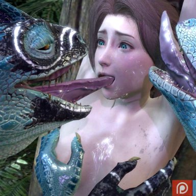 final fantasy, final fantasy vii, aerith gainsborough, bulgemeister, 1girls, 2boys, extreme french kiss, interspecies, jungle, licking, licking face, licking feet, lizard, lizardman, long tongue