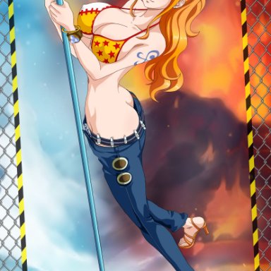 one piece, nami, rider (artist), 1girls, ass, ass cleavage, belt, big breasts, bikini top, bracelet, breasts, brown eyes, butt crack, clima-tact, ear piercing