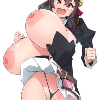 yunyun (konosuba), toudori, 1girls, areolae, big breasts, blush, bouncing breasts, breasts, eye contact, female, female focus, female only, huge breasts, long hair, looking at viewer