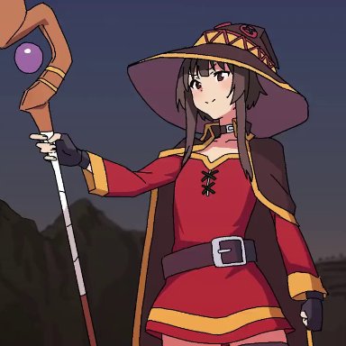 megumin, momo no suidou-sui, 1girls, alternate breast size, areola, bare shoulders, belt, big breasts, black cape, black choker, black gloves, bouncing breasts, breast expansion, breasts, breasts out