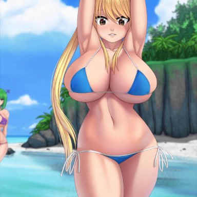 fairy tail, bisca connell, lucy heartfilia, rocky-ace, 2girls, beach, bikini, blonde hair, brown eyes, cleavage, green hair, hourglass figure, huge breasts, long hair, ponytail