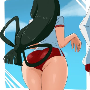 my hero academia, tsuyu asui, zeromomentai, 1girls, ass, ass focus, back, blue background, border, bra, clothing, female, green hair, large ass, legs together