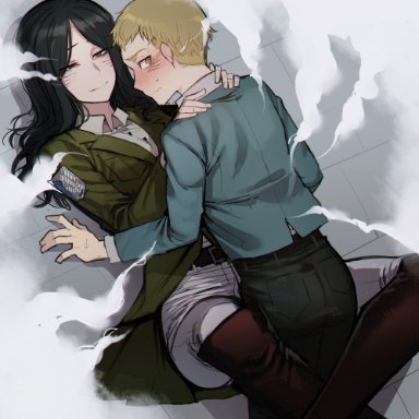 attack on titan, falco grice, pieck finger, ratatatat74, 1boy, big ass, black hair, female, mating press, mating season, thick, thick thighs, thigh highs