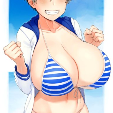 uzaki-chan wa asobitai!, uzaki hana, handplug, 1female, 1girl, bangs, belly button, bikini, blue eyes, blue stripes, blush, border, breasts, cleavage, clenched hands