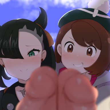 game freak, nintendo, pokemon, pokemon ss, gloria (pokemon), marnie (pokemon), ftnranat, 2futas, big penis, black hair, blue eyes, blush, brown eyes, brown hair, dicks touching