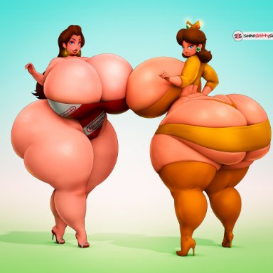 mario (series), nintendo, pauline, princess daisy, someshittysketches, 2girls, ass, big ass, big breasts, big butt, bimbo, breasts, brown hair, bubble ass, bubble butt