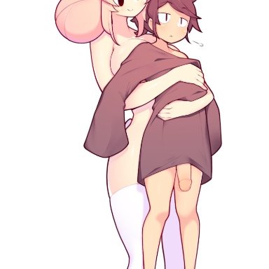 original, dyrhart, fiz, fizintine, 1boy, animal ear fluff, animal ears, barefoot, breasts, brown hair, carrying, carrying person, clothed male nude female, cute, eyebrows visible through hair