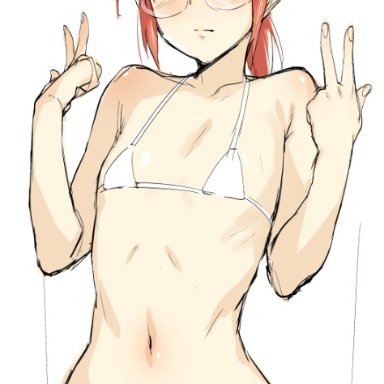 kobayashi-san chi no maidragon, kobayashi, mm (yoromu), bare arms, bare shoulders, bikini, blush, embarrassed, female, female pubic hair, flat chest, glasses, groin, hands up, long hair