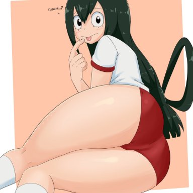 my hero academia, tsuyu asui, zeromomentai, 1girls, ass, ass focus, back, black eyes, border, bra, clothing, female, green hair, hair between eyes, kneehighs