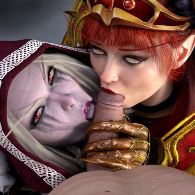 world of warcraft, alexstrasza, night elf, sylvanas windrunner, darkendenart, 1boy, 2girls, 2girls1boy, age difference, athletic female, big penis, blowjob, close-up, clothed female nude male, collaborative fellatio