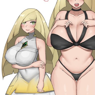 nintendo, pokemon, pokemon sm, lusamine (pokemon), elijahzx, 1girls, alternate breast size, bikini, blonde hair, breasts, female, female only, green eyes, hair over one eye, hips