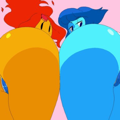 adventure time, steven universe, flame princess, lapis lazuli (steven universe), dream-cassette, 2girls, ass, ass focus, ass up, asses touching, big ass, big thighs, blue hair, blue skin, blue swimsuit