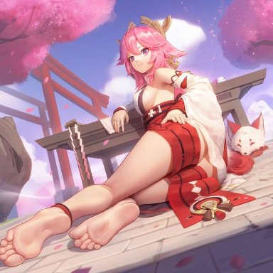 genshin impact, yae miko, sarena, animal ears, anklet, armpits, bare legs, barefoot, breasts, detached sleeves, earrings, feet, female, floppy ears, foot focus