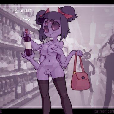 undertale, undertale (series), muffet, nekuzx, anthro, arachnid, arthropod, clothing, covering, covering self, exhibitionism, female, legwear, public, public nudity