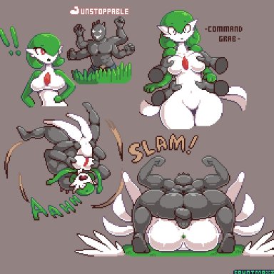 pokemon, pokemon unite, gardevoir, machamp, countmoxi, 1boy, 1girls, 4 arms, anthro, anus, backsack, breast grab, breasts, female, hip grab