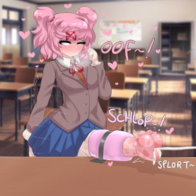 doki doki literature club, mistpirit, 1futa, artificial vagina, balls, big penis, blush, breasts, clothed, clothing, cum, ddlc background, ejaculation, erection, futa only