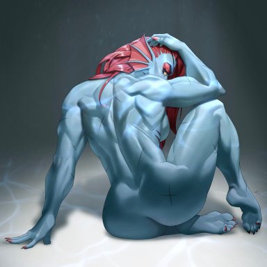 undertale, undyne, r62, 1girls, artistic nude, ass, back, back view, backboob, bare shoulders, barefoot, big ass, blue skin, ear fins, eyelashes