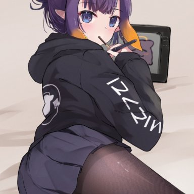 hololive, hololive english, ninomae ina'nis, tako (ninomae ina'nis), shuuzo, 1girls, ass, ass focus, blush, blushing at viewer, drawing, eating, eyebrows visible through hair, female, female focus