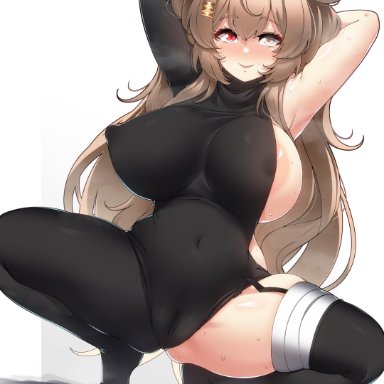 kantai collection, murasame (kantai collection), konoshige (ryuun), ryuun (stiil), areola slip, areolae, arms behind back, asymmetrical legwear, black bodysuit, black legwear, black ribbon, blush, bodysuit, breasts, brown eyes