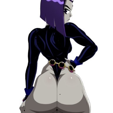 dc, teen titans, raven, raven (dc), porongoneitor, 1girls, ass, back view, big ass, breasts, eye contact, female, female focus, hand on head, leotard