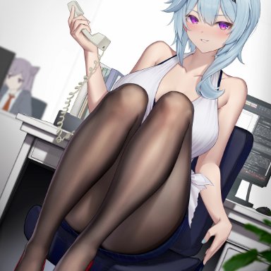 genshin impact, eula (genshin impact), keqing (genshin impact), terebi (shimizu1996), blue hair, blush, bra, bra removed, breasts, chair, clothed, clothing, computer, feet, female