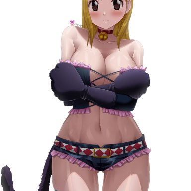 fairy tail, lucy heartfilia, abp art, 1girls, bell collar, blonde hair, cat ears, cat girl, cat gloves, cat tail, catgirl, cleavage, embarrassed, fit female, huge breasts